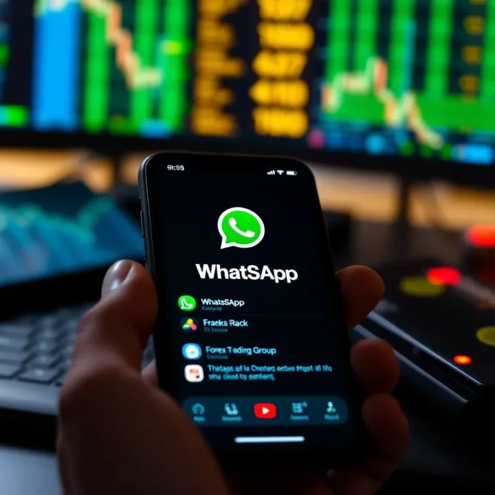 Mobile phone screen showing WhatsApp interface with forex trading group chat open