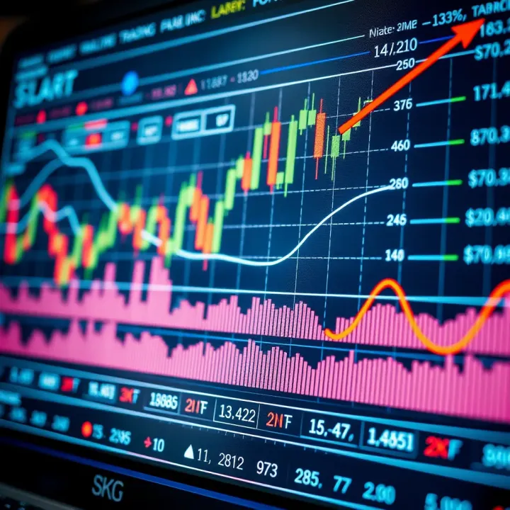Chart displaying technical and fundamental analysis tools with forex market data and risk management symbols