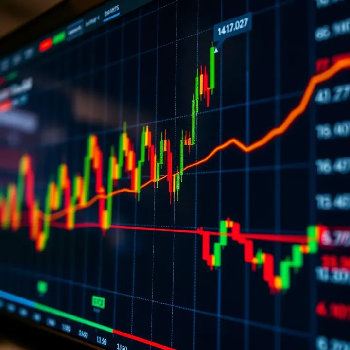 Graph showing currency pair fluctuations and trading indicators on a digital screen