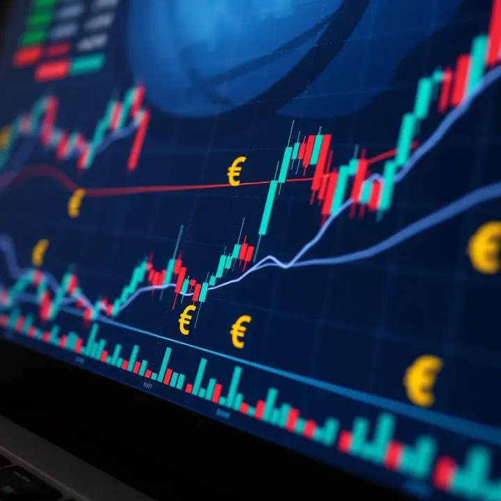 Graph showing forex market trends with candlestick patterns and currency symbols