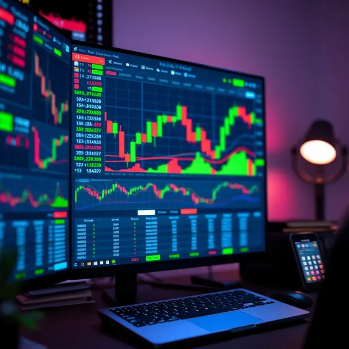 Desk setup with computer displaying forex trading platform and financial charts