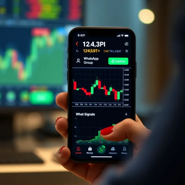 Chart showing Forex trading signals and group chat on smartphone