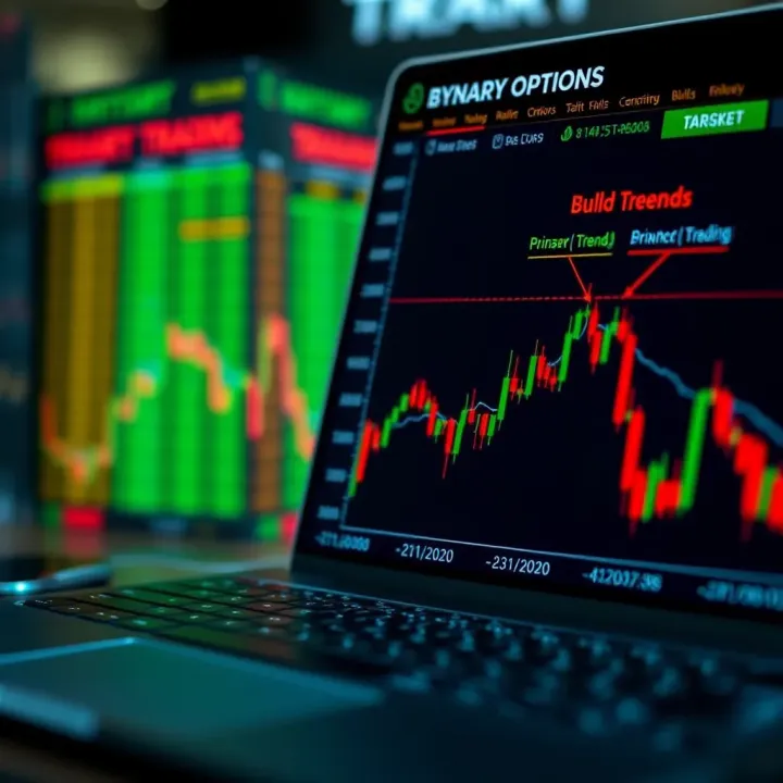Diagram illustrating the concept of binary options trading with bullish and bearish trends