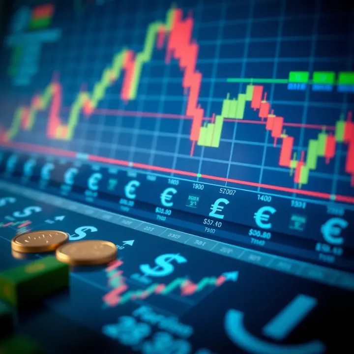 Conceptual graphic illustrating binary trading on a digital financial platform with currency icons