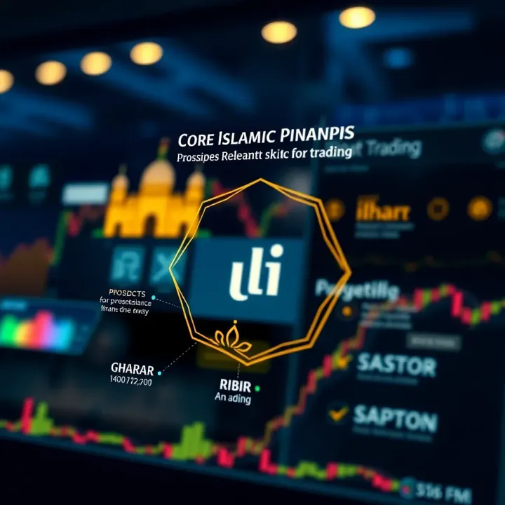 Diagram showing Islamic finance principles including gharar, maysir, and riba with symbolic icons