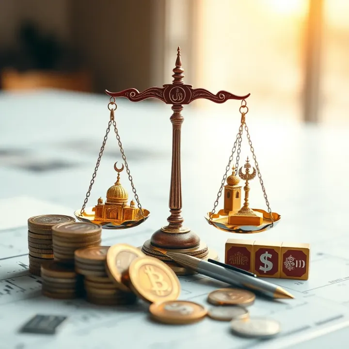 Conceptual illustration of Islamic finance symbols with scales and currency icons
