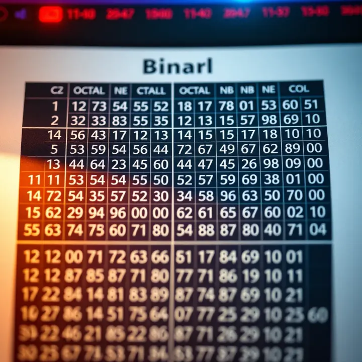 Table illustrating octal numbers paired with their corresponding binary values for reference