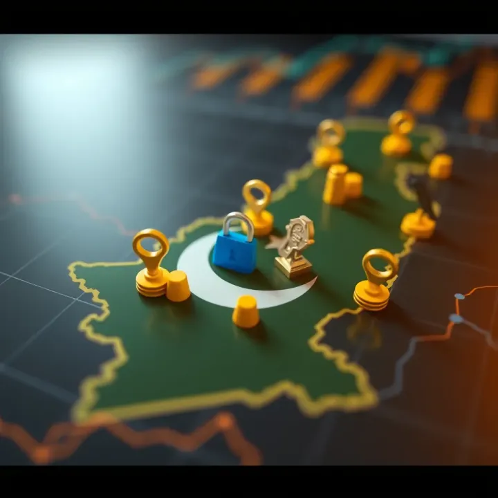 Map of Pakistan with icons symbolizing gold trading platforms and security