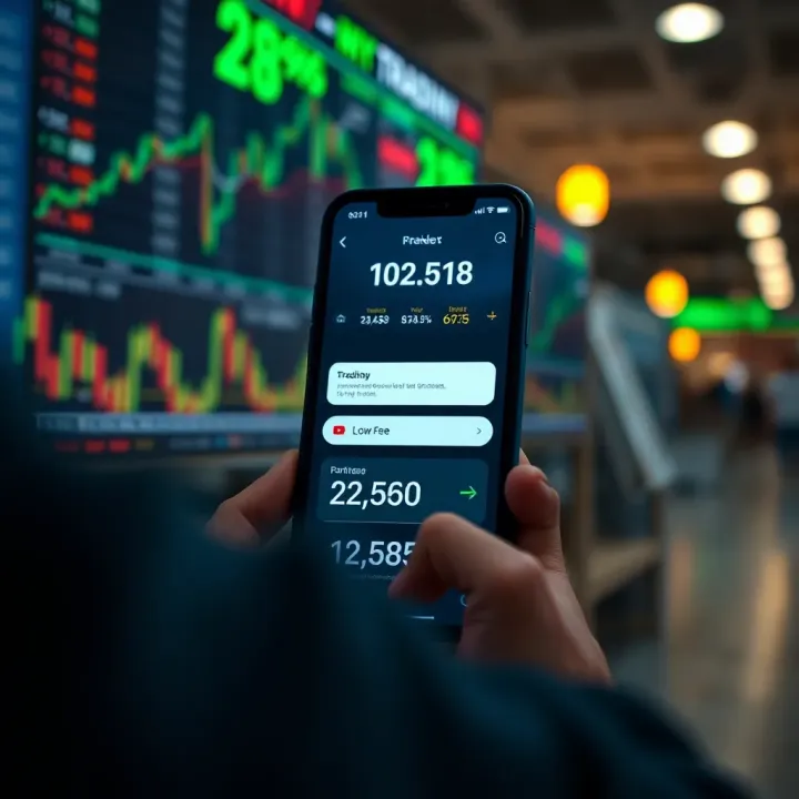Illustration of a smartphone showing stock market trends and low fee notifications