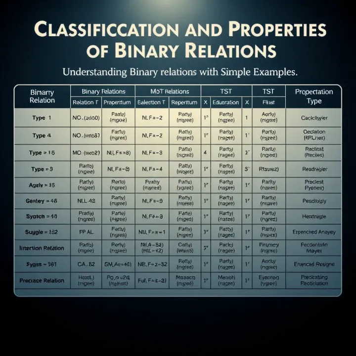 Chart showing different types of binary relations and their properties in a structured format