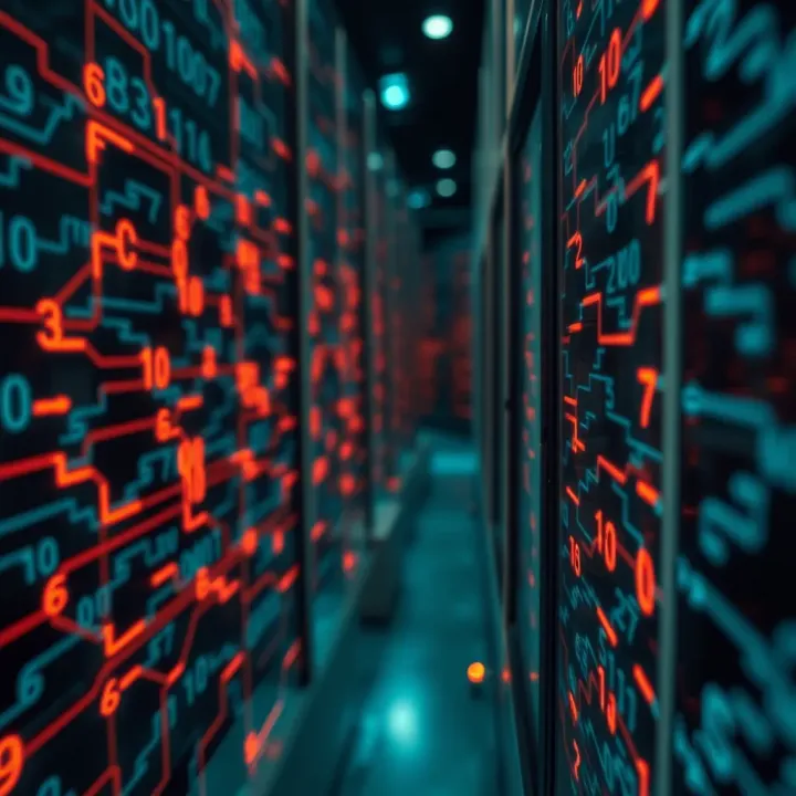 Binary Code in Digital Data Transmission Visual depiction of data flow in digital technology showing binary signals transferring between circuits