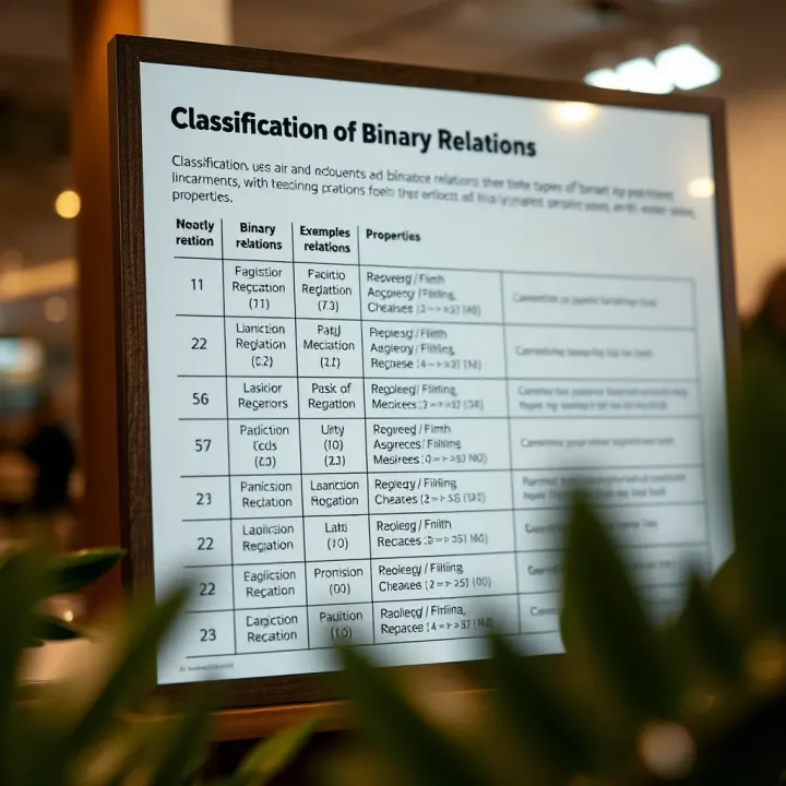 Chart showing different types of binary relations with examples and their properties