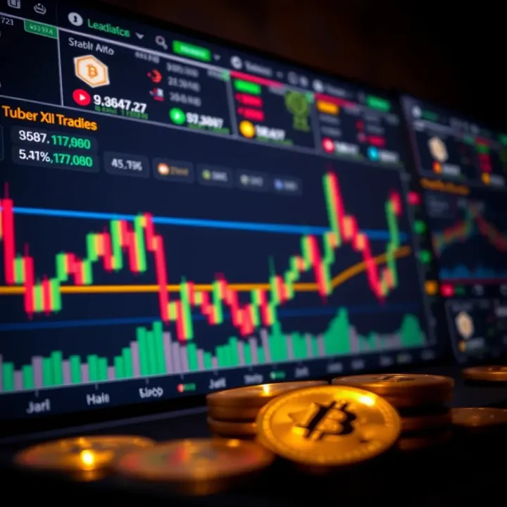 Graphical representation of cryptocurrency trading charts and digital coins