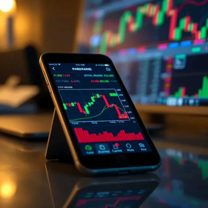 Mobile phone displaying a demo trading app interface with charts and market indicators