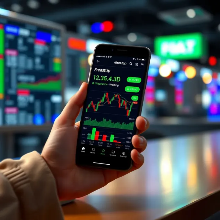 Smartphone displaying a Forex trading chart with real-time data and WhatsApp group chat overlay