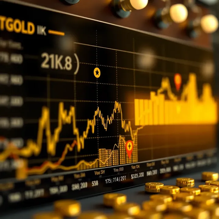Graph illustrating fluctuations in gold prices over time with markers indicating key influencing factors