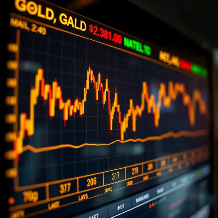 Graph showing fluctuating gold prices with market indicators