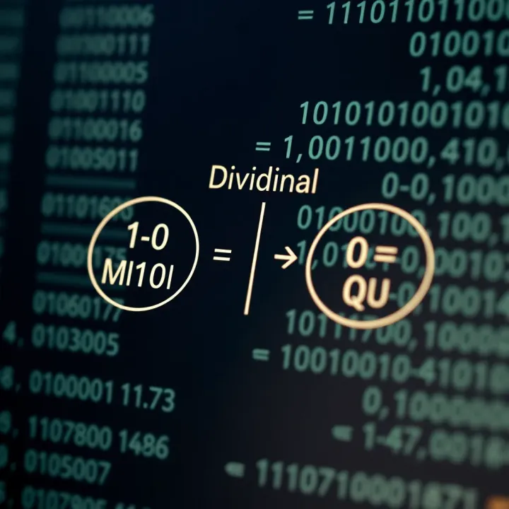 Diagram illustrating division of binary numbers showing dividend, divisor, and quotient