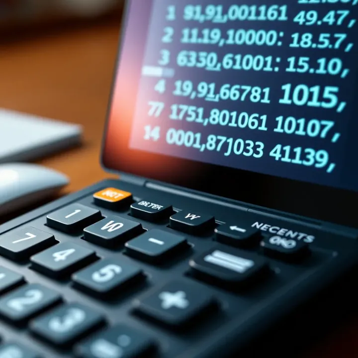 Illustration showing binary digits and basic arithmetic operations on a digital calculator screen